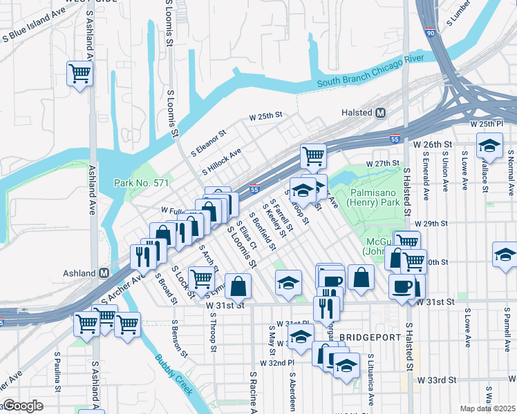 map of restaurants, bars, coffee shops, grocery stores, and more near 2843 South Archer Avenue in Chicago