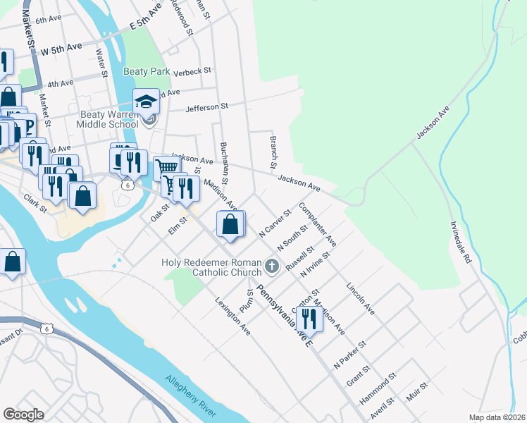 map of restaurants, bars, coffee shops, grocery stores, and more near 14-14 1/2 Hinkle St in Warren