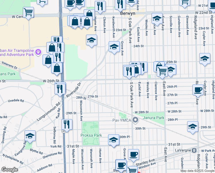map of restaurants, bars, coffee shops, grocery stores, and more near 2621 Clinton Avenue in Berwyn