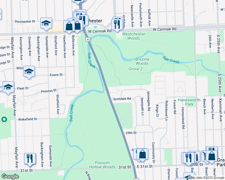 map of restaurants, bars, coffee shops, grocery stores, and more near 11 Garden Dr in La Grange Park