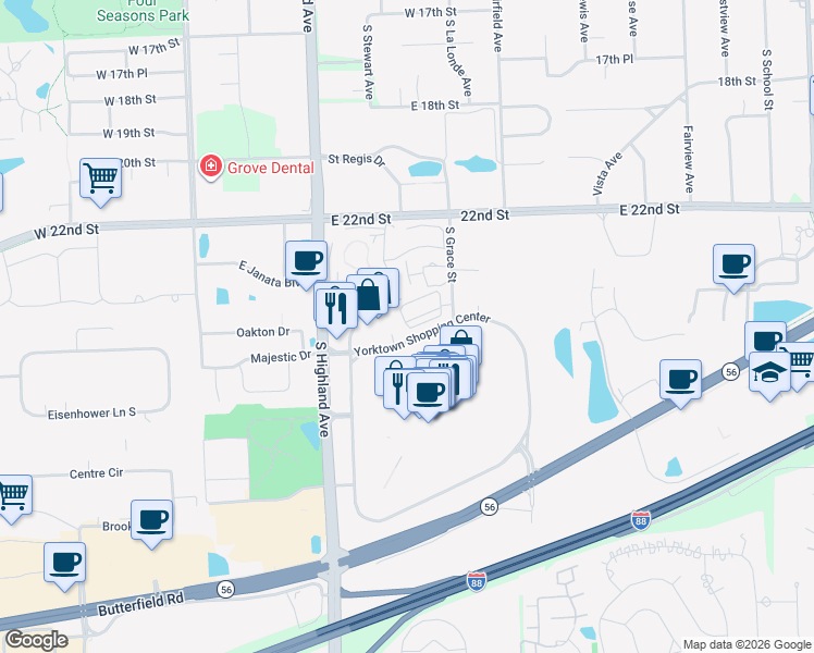 map of restaurants, bars, coffee shops, grocery stores, and more near 244 Yorktown Shopping Center in Lombard