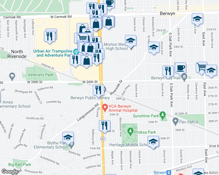 map of restaurants, bars, coffee shops, grocery stores, and more near 2609 South Harlem Avenue in Berwyn
