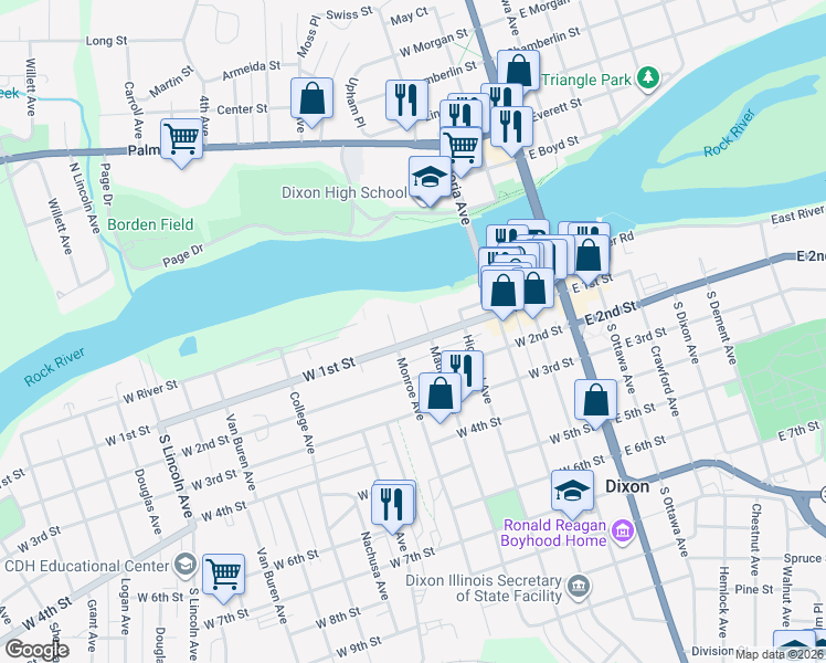 map of restaurants, bars, coffee shops, grocery stores, and more near 511 West 1st Street in Dixon