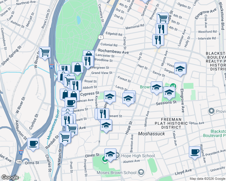 map of restaurants, bars, coffee shops, grocery stores, and more near 152 Camp Street in Providence
