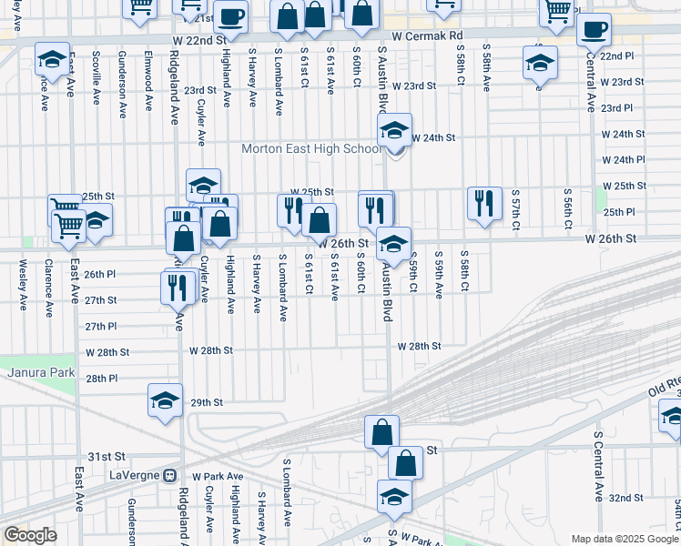 map of restaurants, bars, coffee shops, grocery stores, and more near 2627 South 61st Avenue in Cicero