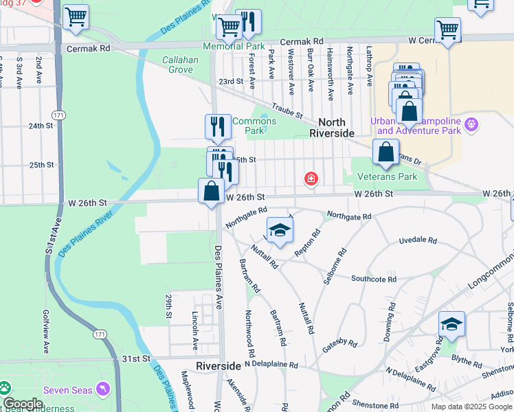 map of restaurants, bars, coffee shops, grocery stores, and more near 58 Northgate Road in Riverside