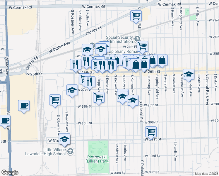 map of restaurants, bars, coffee shops, grocery stores, and more near 2657 South Keeler Avenue in Chicago
