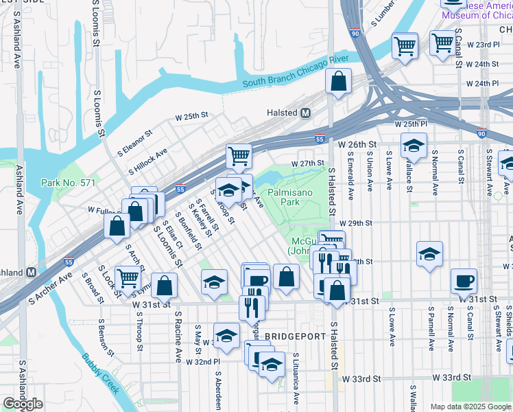 map of restaurants, bars, coffee shops, grocery stores, and more near 2832 South Poplar Avenue in Chicago