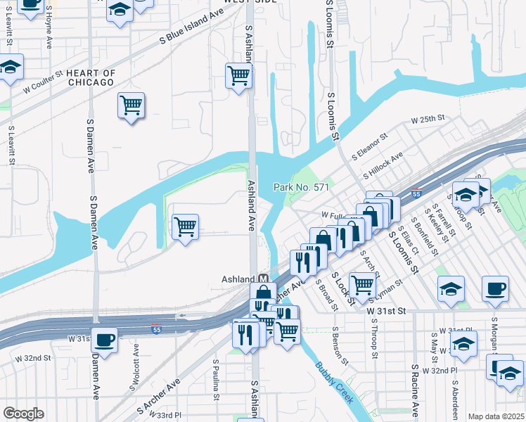 map of restaurants, bars, coffee shops, grocery stores, and more near 2701 South Ashland Avenue in Chicago