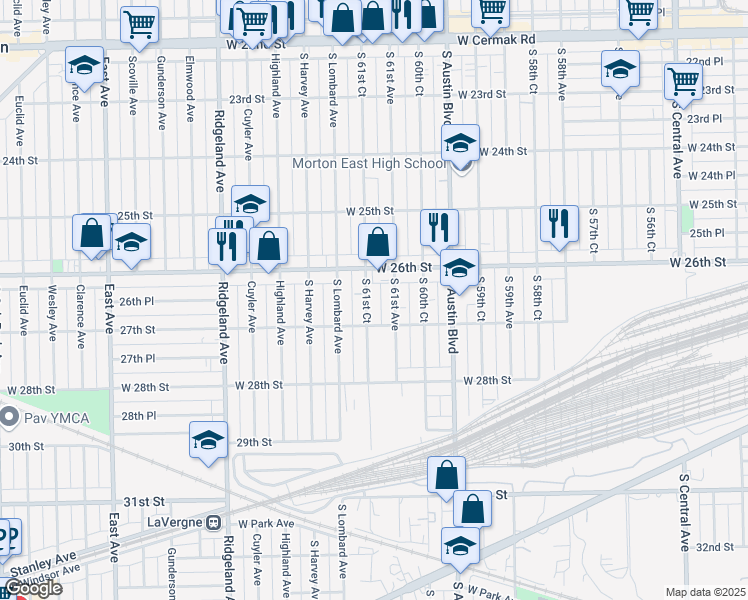 map of restaurants, bars, coffee shops, grocery stores, and more near 2627 South 61st Court in Cicero
