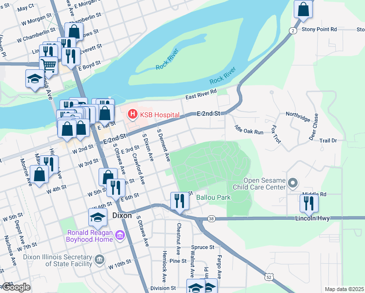 map of restaurants, bars, coffee shops, grocery stores, and more near 324 South Jefferson Avenue in Dixon