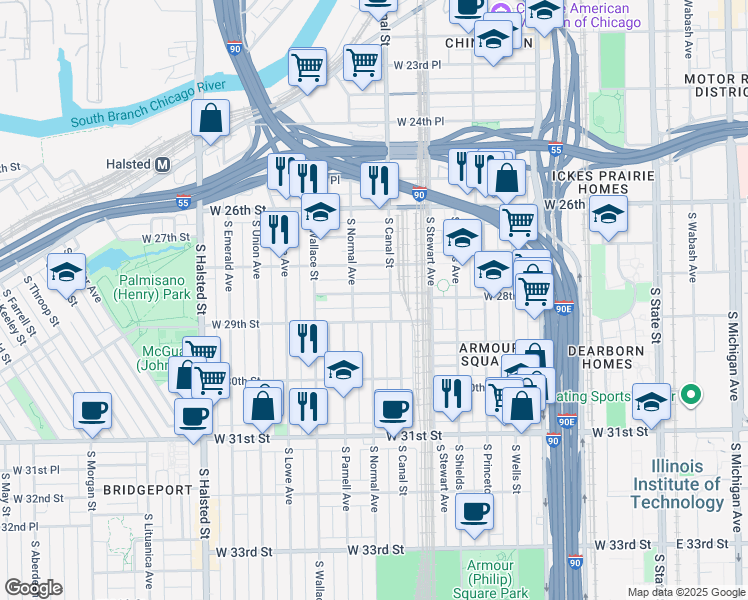 map of restaurants, bars, coffee shops, grocery stores, and more near 461 West 28th Place in Chicago