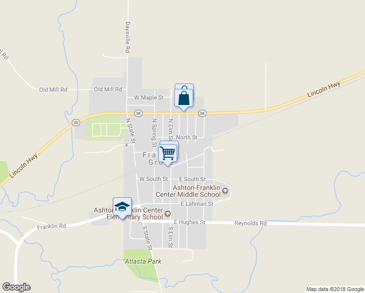 map of restaurants, bars, coffee shops, grocery stores, and more near 202 North Walnut Street in Franklin Grove