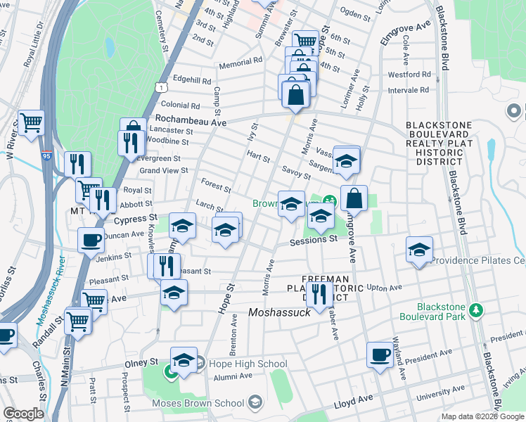 map of restaurants, bars, coffee shops, grocery stores, and more near 578 Hope Street in Providence