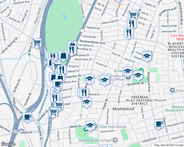map of restaurants, bars, coffee shops, grocery stores, and more near 152 Camp Street in Providence