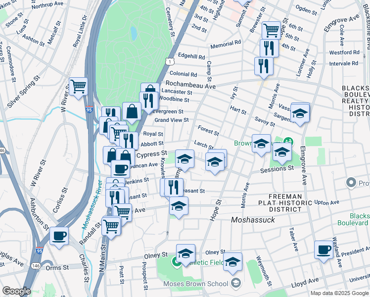 map of restaurants, bars, coffee shops, grocery stores, and more near 152 Camp Street in Providence