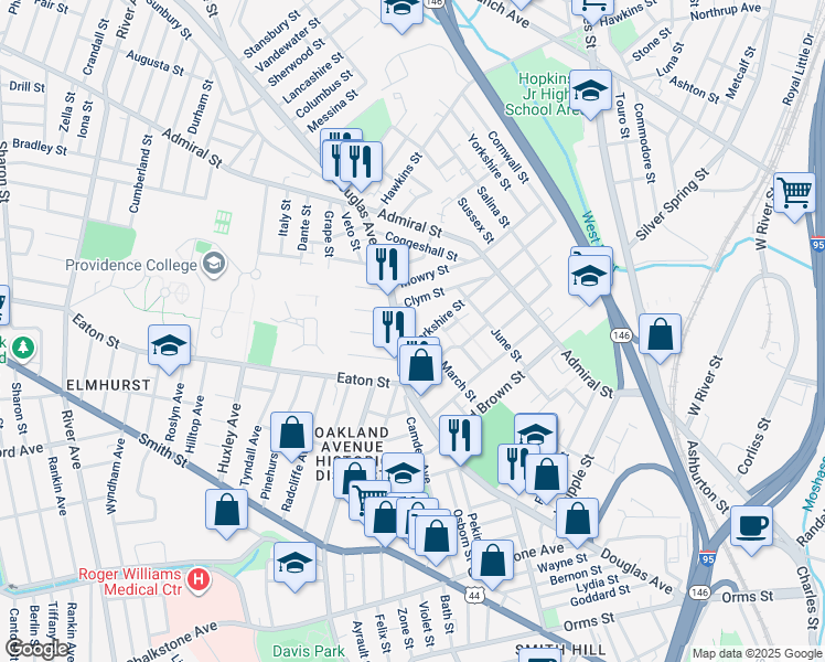 map of restaurants, bars, coffee shops, grocery stores, and more near 455 Douglas Avenue in Providence