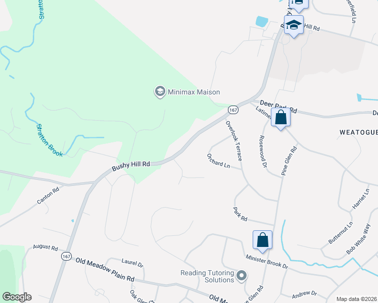 map of restaurants, bars, coffee shops, grocery stores, and more near 304 Bushy Hill Road in Simsbury