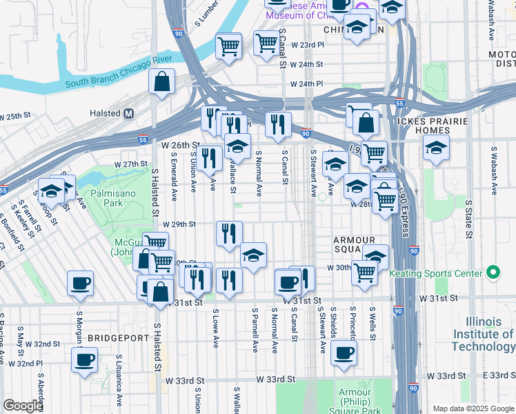 map of restaurants, bars, coffee shops, grocery stores, and more near 515 West 28th Place in Chicago