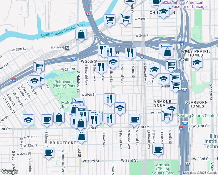 map of restaurants, bars, coffee shops, grocery stores, and more near in Chicago