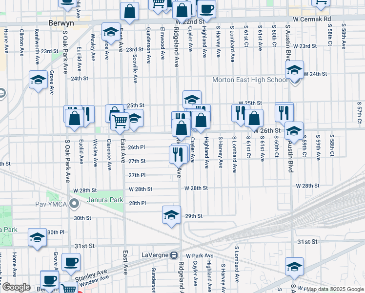 map of restaurants, bars, coffee shops, grocery stores, and more near 2623 Ridgeland Avenue in Berwyn