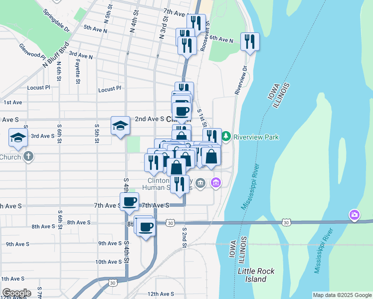 map of restaurants, bars, coffee shops, grocery stores, and more near 317 South 2nd Street in Clinton