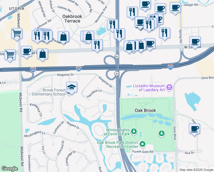 map of restaurants, bars, coffee shops, grocery stores, and more near 50 Kingston Drive in Oak Brook