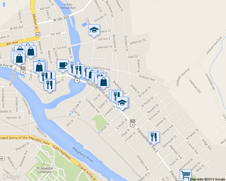 map of restaurants, bars, coffee shops, grocery stores, and more near 12-12 1/2 Buchanan Street in Warren
