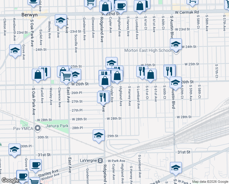 map of restaurants, bars, coffee shops, grocery stores, and more near 2621 Cuyler Avenue in Berwyn