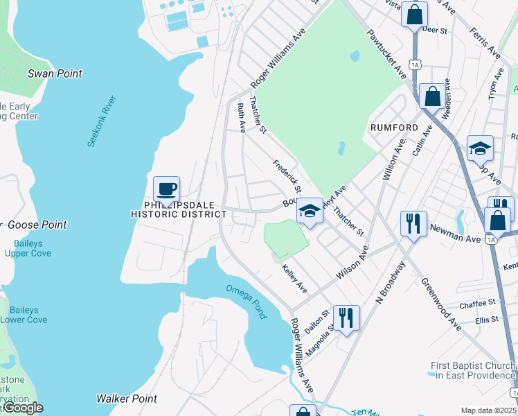 map of restaurants, bars, coffee shops, grocery stores, and more near 177 Bourne Avenue in East Providence