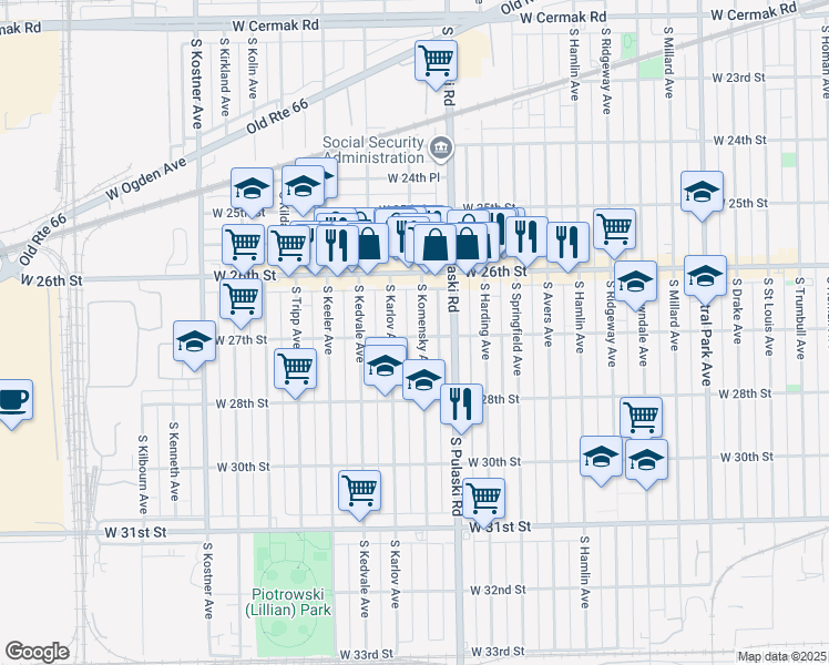 map of restaurants, bars, coffee shops, grocery stores, and more near 2658 South Komensky Avenue in Chicago