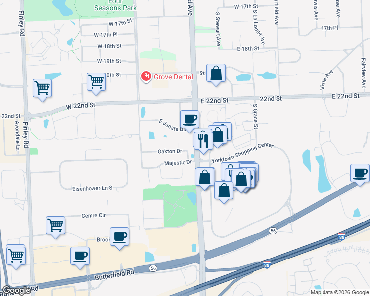 map of restaurants, bars, coffee shops, grocery stores, and more near 154 Oakton Drive in Lombard