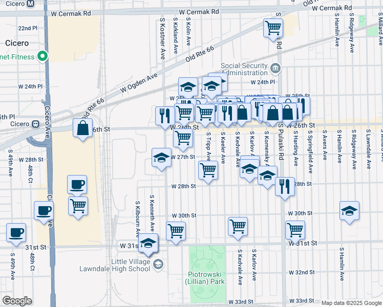 map of restaurants, bars, coffee shops, grocery stores, and more near 2654 South Kildare Avenue in Chicago