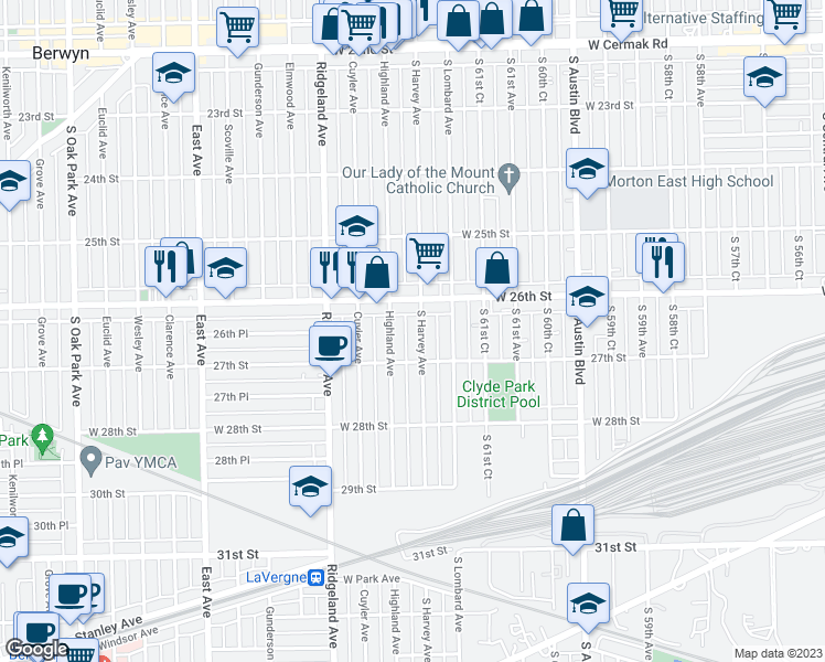 map of restaurants, bars, coffee shops, grocery stores, and more near 2624 South Harvey Avenue in Berwyn