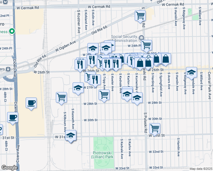 map of restaurants, bars, coffee shops, grocery stores, and more near 2655 South Tripp Avenue in Chicago