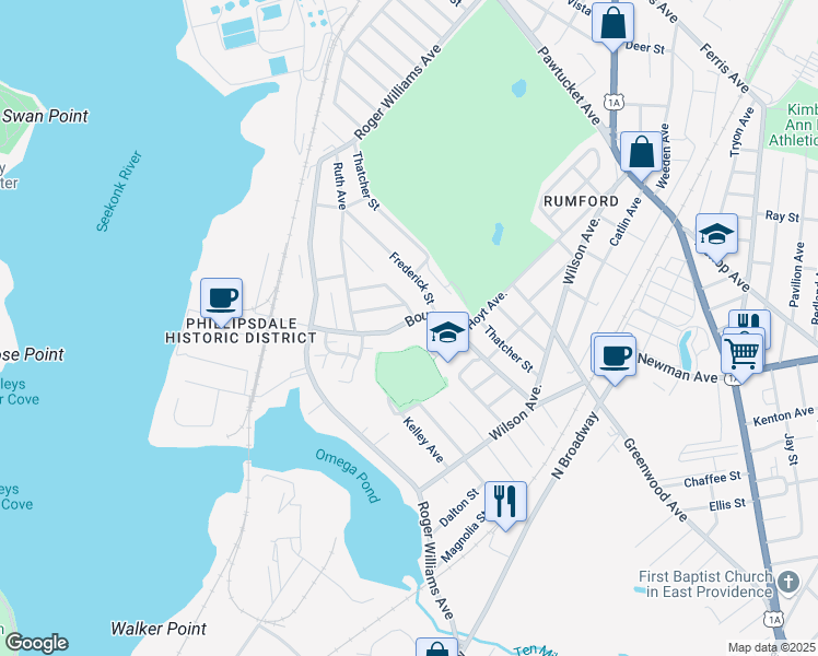 map of restaurants, bars, coffee shops, grocery stores, and more near 140 Bourne Avenue in East Providence