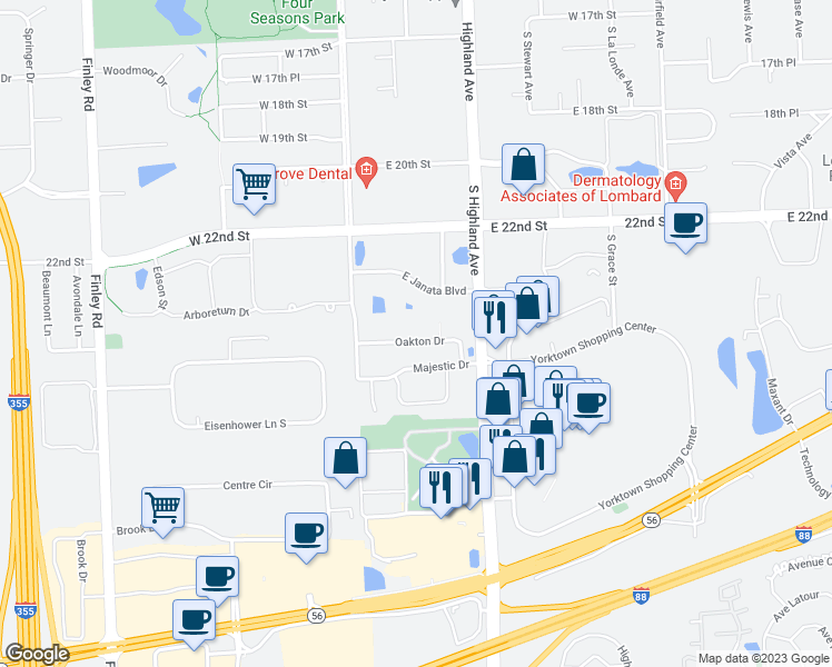 map of restaurants, bars, coffee shops, grocery stores, and more near 94 Oakton Drive in Lombard