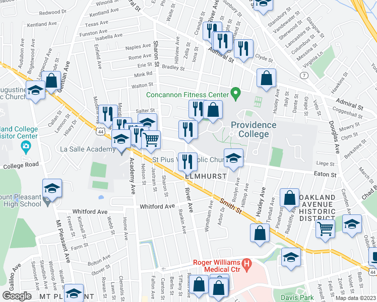 map of restaurants, bars, coffee shops, grocery stores, and more near 539 River Avenue in Providence