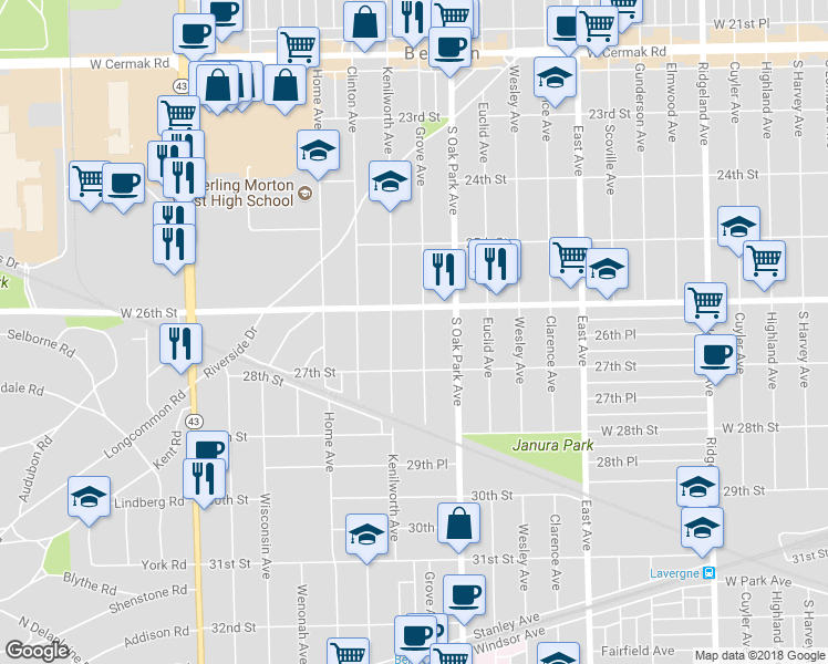 map of restaurants, bars, coffee shops, grocery stores, and more near 2620 Grove Avenue in Berwyn