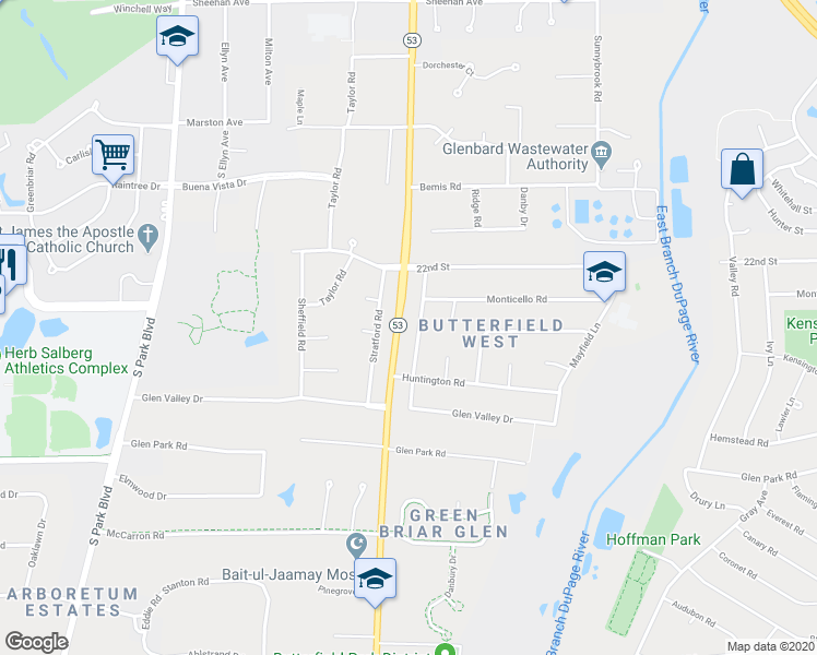 map of restaurants, bars, coffee shops, grocery stores, and more near 2S124 Churchill Lane in Glendale Heights