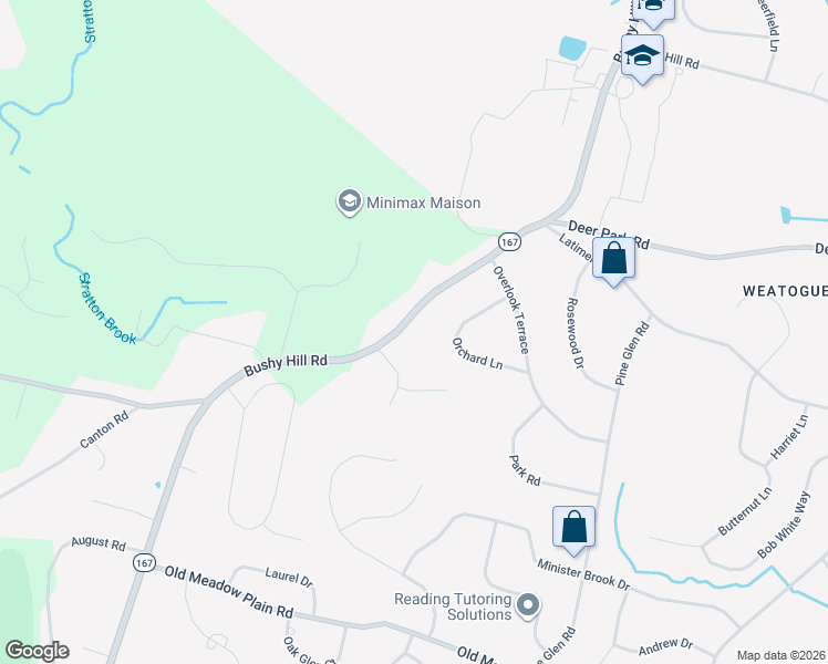 map of restaurants, bars, coffee shops, grocery stores, and more near 304 Bushy Hill Road in Simsbury