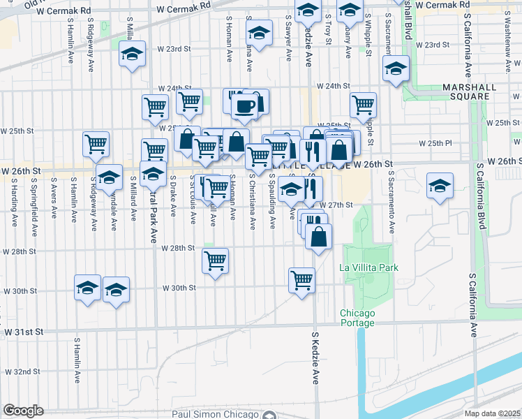 map of restaurants, bars, coffee shops, grocery stores, and more near 2701 South Christiana Avenue in Chicago