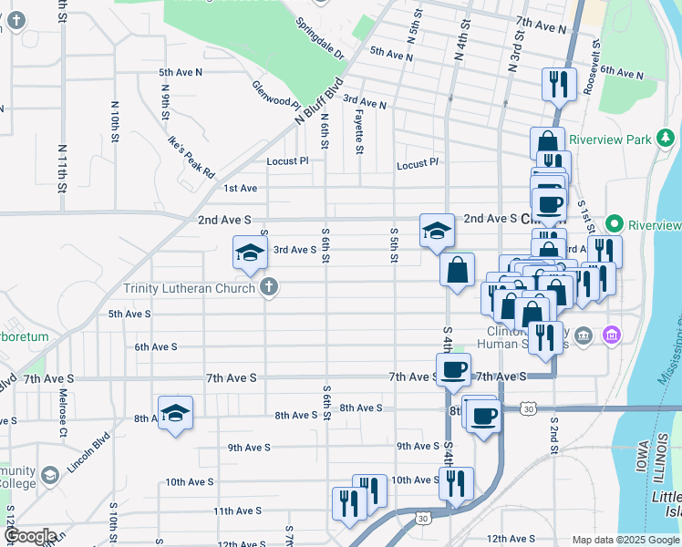 map of restaurants, bars, coffee shops, grocery stores, and more near 550 4th Avenue South in Clinton