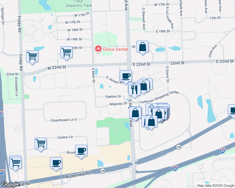 map of restaurants, bars, coffee shops, grocery stores, and more near 154 Oakton Drive in Lombard