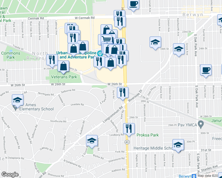 map of restaurants, bars, coffee shops, grocery stores, and more near 576 Byrd Road in Riverside