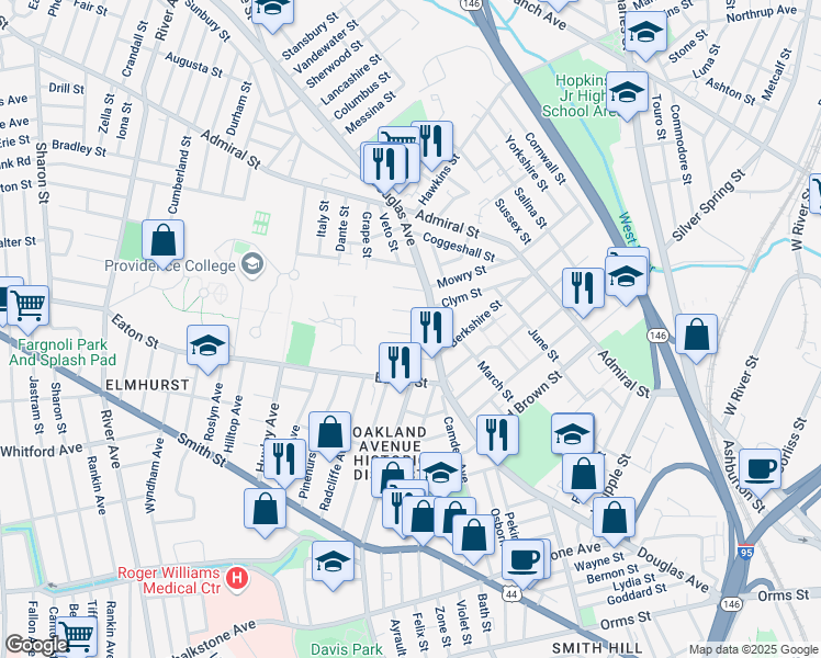 map of restaurants, bars, coffee shops, grocery stores, and more near 23 Venice Street in Providence