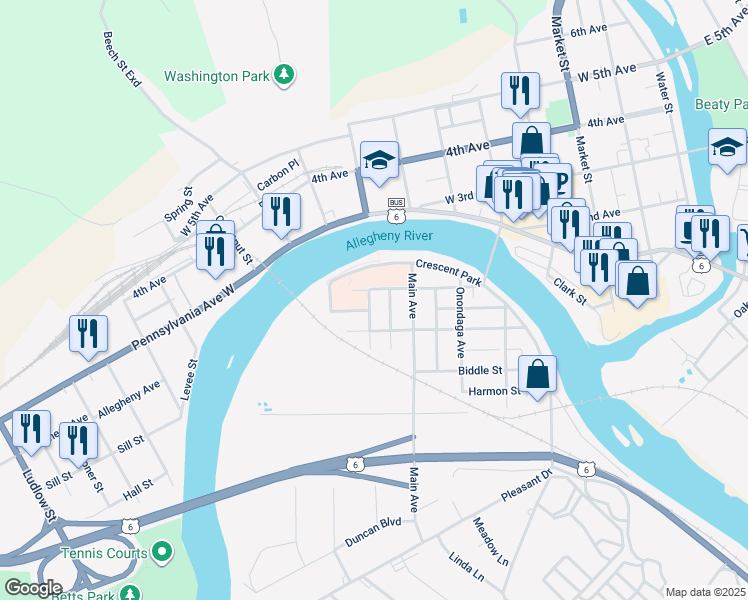 map of restaurants, bars, coffee shops, grocery stores, and more near 105 Cayuga Avenue in Warren
