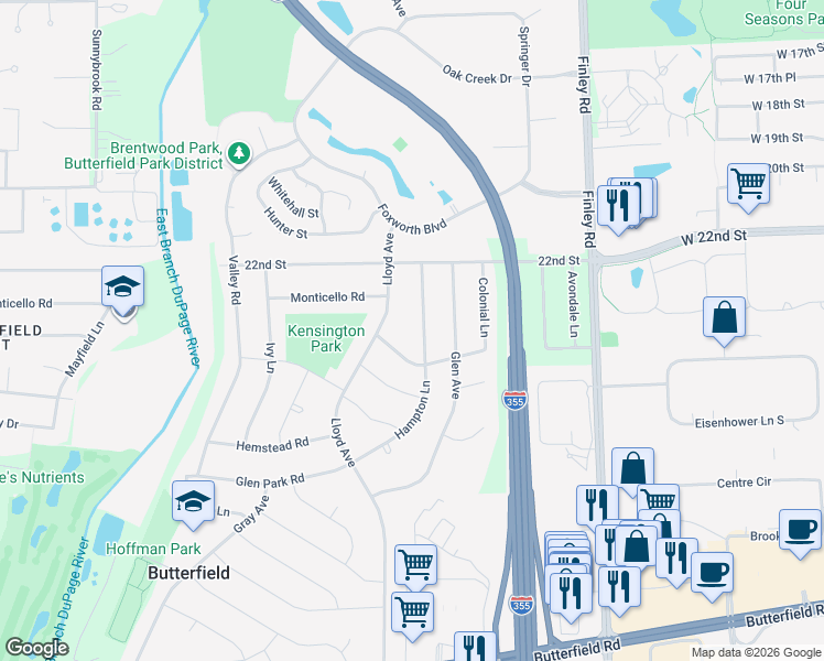 map of restaurants, bars, coffee shops, grocery stores, and more near 2S134 Hampton Lane in Lombard