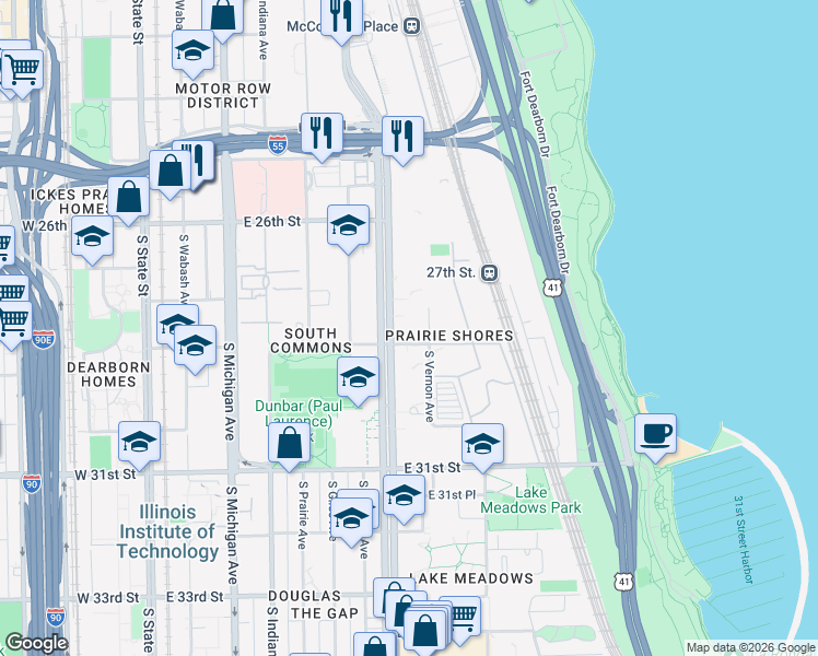 map of restaurants, bars, coffee shops, grocery stores, and more near 2857 South Doctor Martin Luther King Junior Drive in Chicago