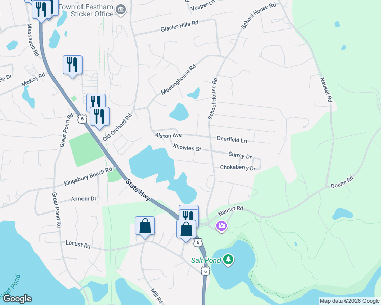 map of restaurants, bars, coffee shops, grocery stores, and more near 45 Knowles Street in Eastham